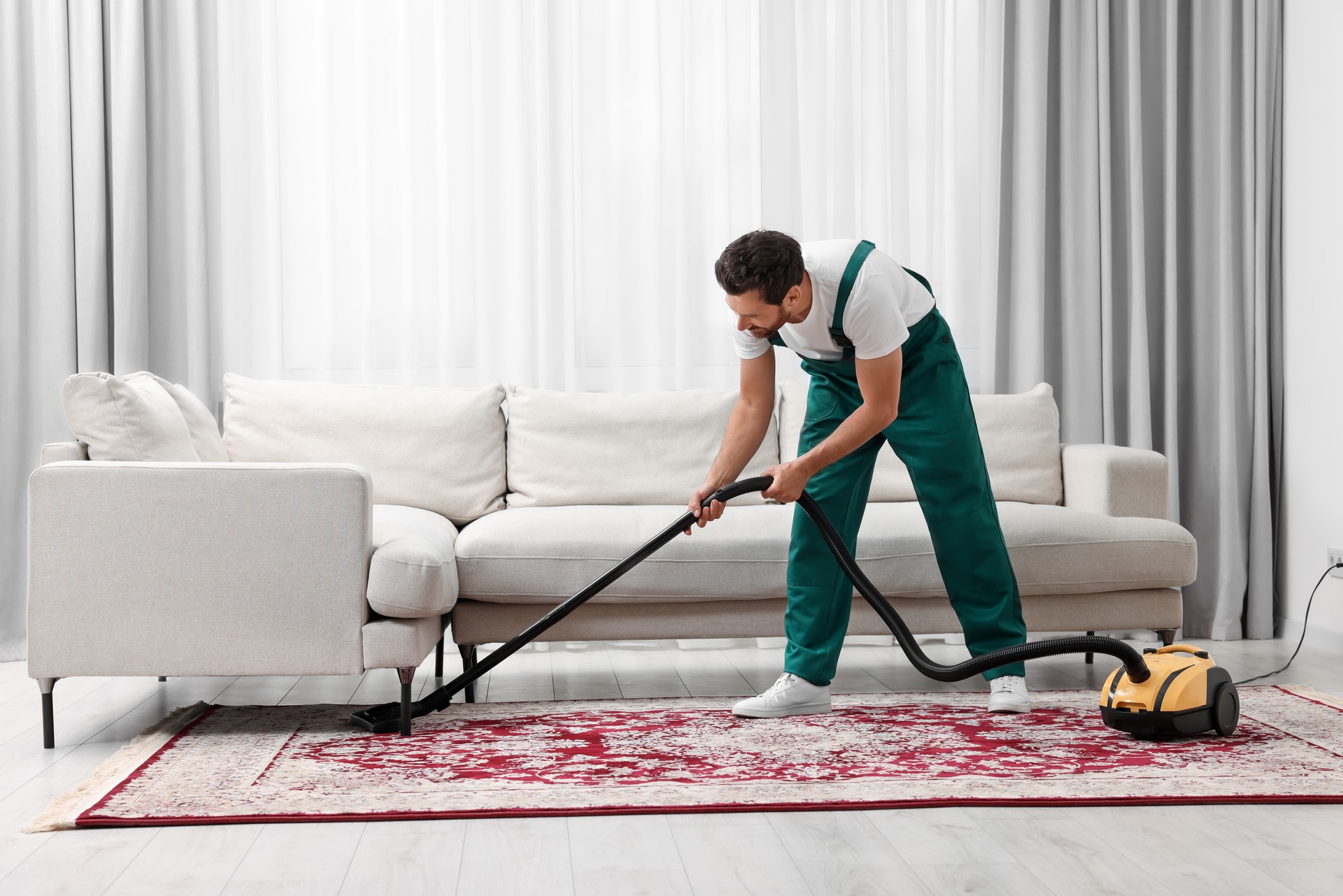 Dry cleaner's employee hoovering carpet with vacuum cleaner in room